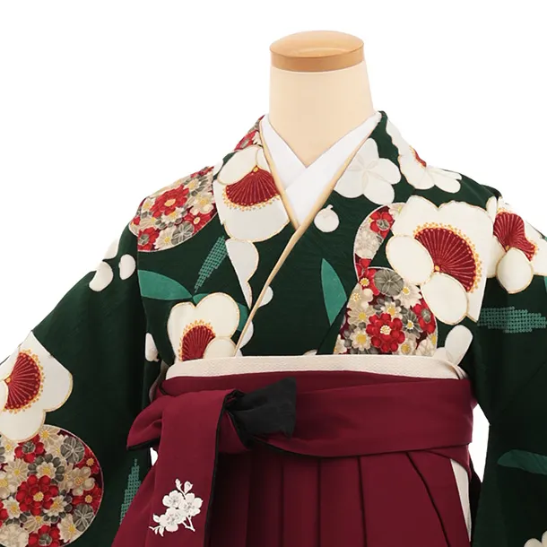 卒業式袴レンタルT503 九重 グリーン梅花丸 × ボルドー