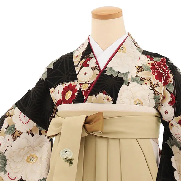 卒業式袴レンタルT507 黒ぼたん花扇 × モカベージュ