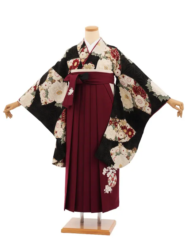 卒業式袴レンタルT508 九重 黒ぼたん花扇 × ボルドー