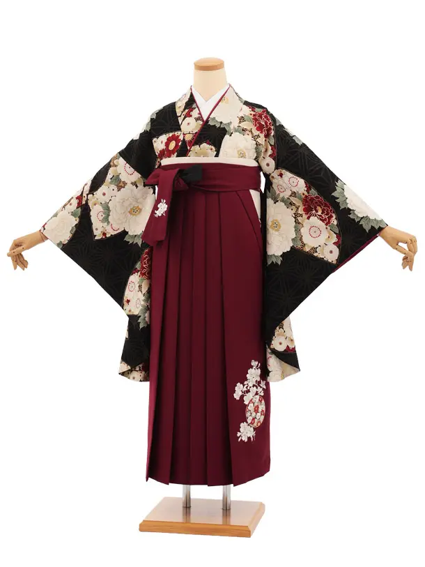 卒業式袴レンタルT508 九重 黒ぼたん花扇 × ボルドー