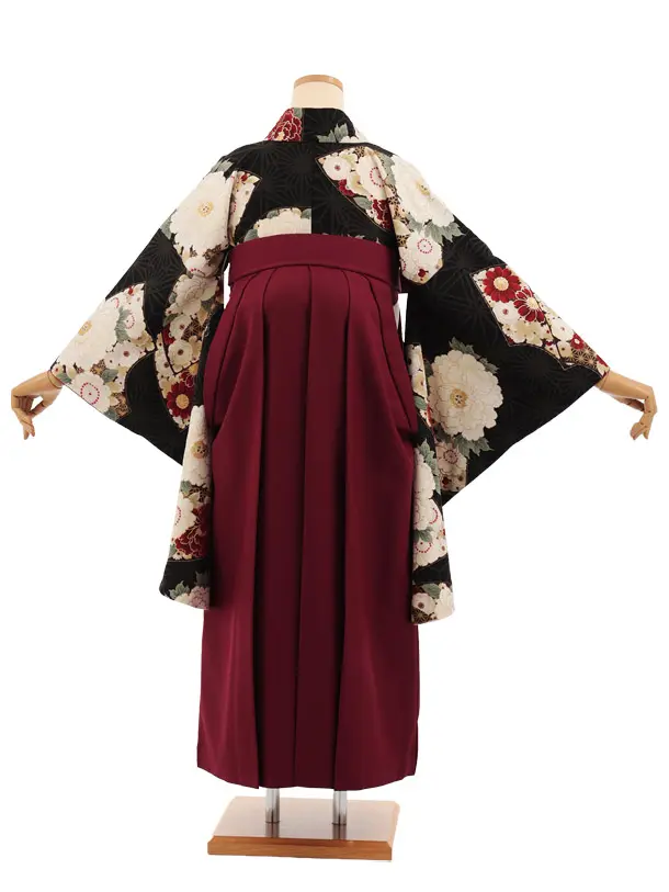 卒業式袴レンタルT508 九重 黒ぼたん花扇 × ボルドー