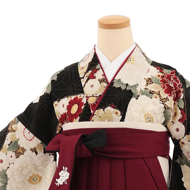 卒業式袴レンタルT508 九重 黒ぼたん花扇 × ボルドー