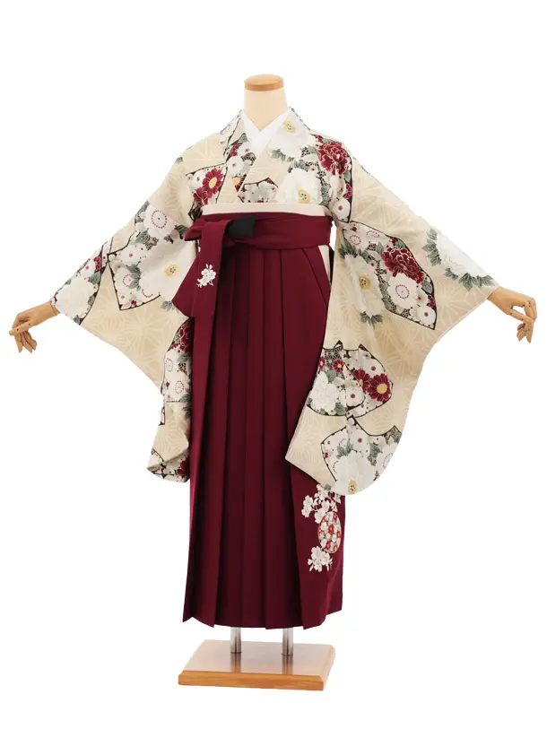 卒業式袴レンタルT509 九重 ベージュぼたん花扇 × ボルドー