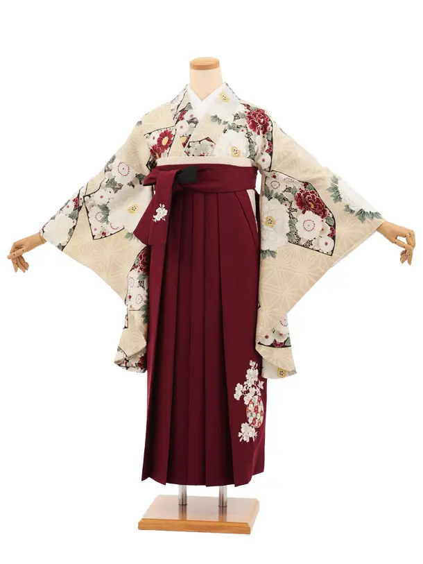 卒業式袴レンタルT509 九重 ベージュぼたん花扇 × ボルドー