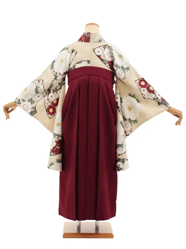 卒業式袴レンタルT509 九重 ベージュぼたん花扇 × ボルドー
