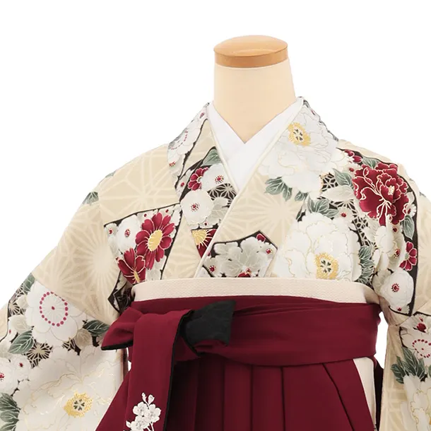 卒業式袴レンタルT509 九重 ベージュぼたん花扇 × ボルドー