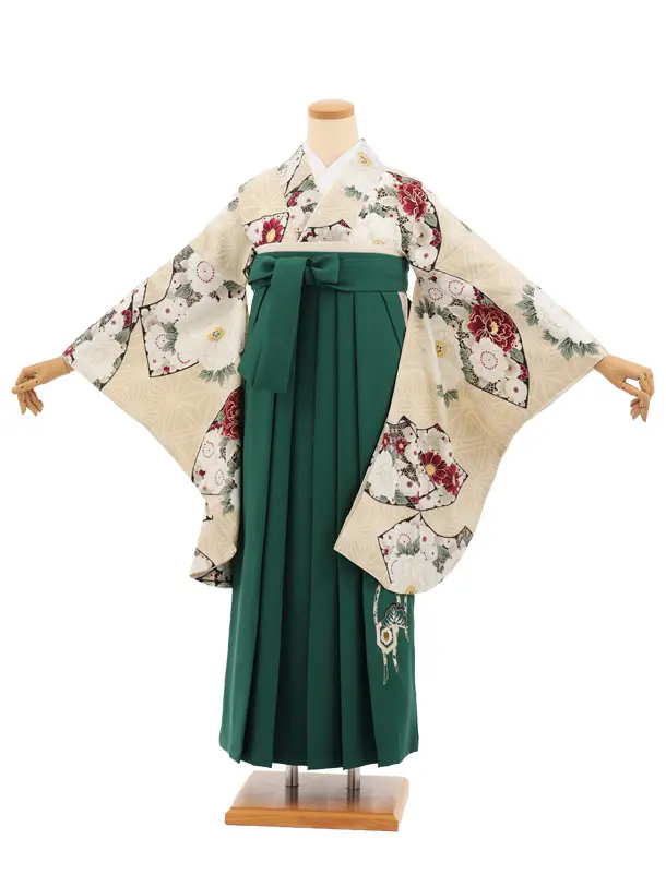 卒業式袴レンタルT511 ベージュぼたん花扇 × グリーン
