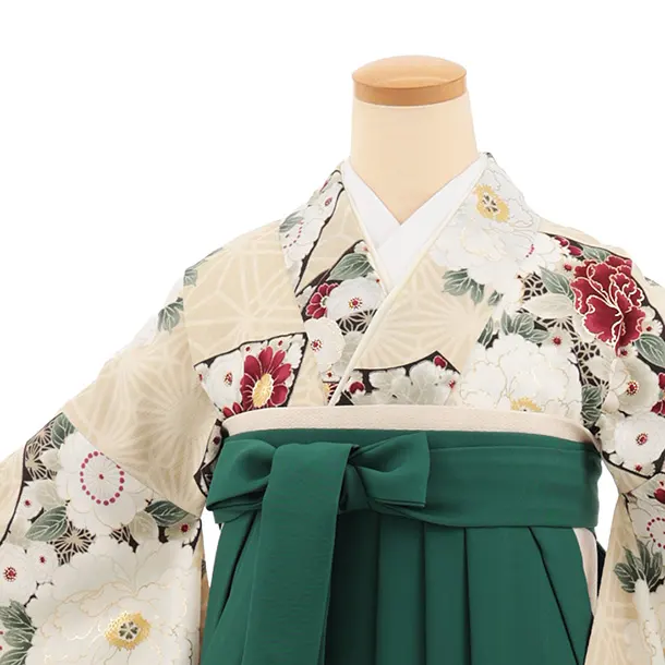 卒業式袴レンタルT511 ベージュぼたん花扇 × グリーン