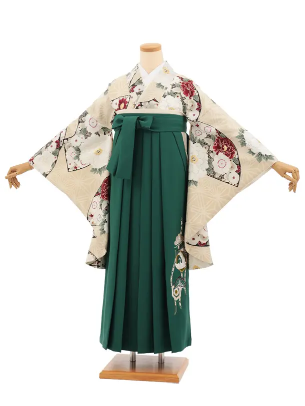 卒業式袴レンタルT512 ベージュぼたん花扇 × グリーン