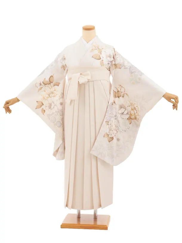 卒業式袴レンタルT522 アイボリー花 × クリームチェック