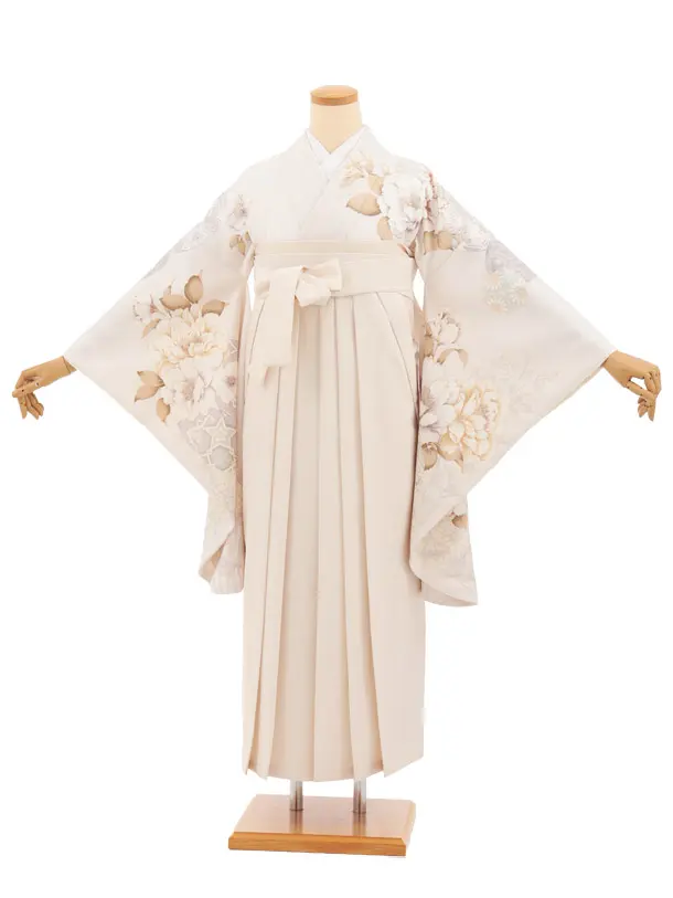 卒業式袴レンタルT522 アイボリー花 × クリームチェック