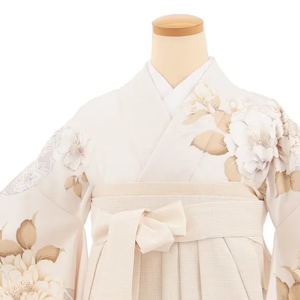 卒業式袴レンタルT522 アイボリー花 × クリームチェック