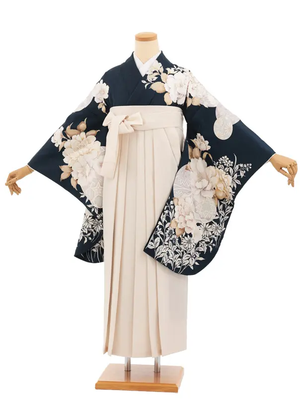 卒業式袴レンタルT523 ネイビーまり花 × クリームチェック