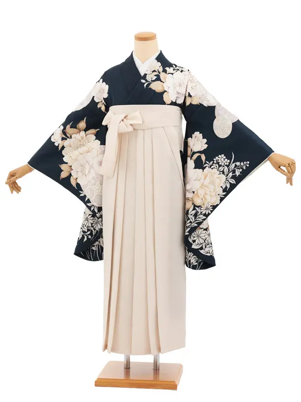 卒業式袴レンタルT523 ネイビーまり花 × クリームチェック