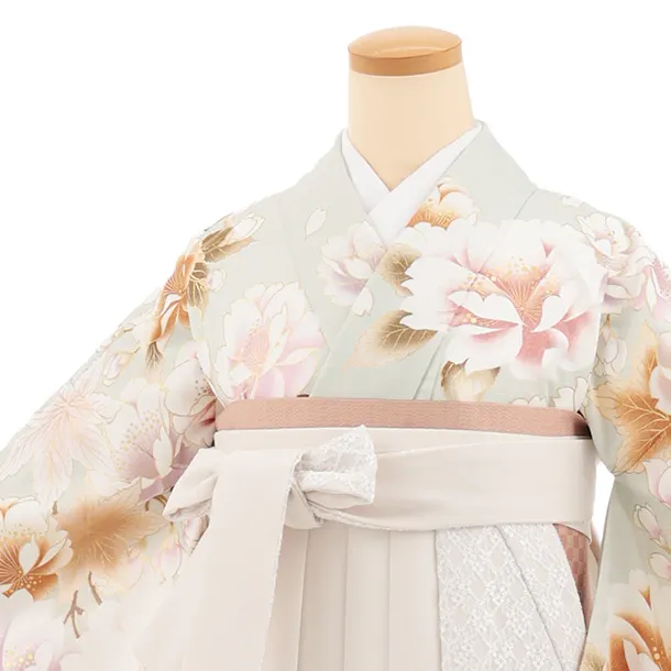 卒業式袴レンタルT525 ペールミント芍薬 × アイボリー