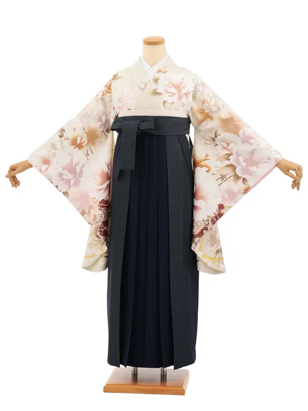 卒業式袴レンタルT526 うすヒワ色芍薬 × デニム