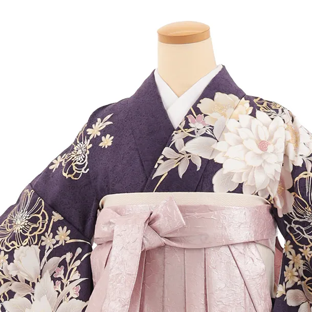 卒業式袴レンタルT536 パープル芍薬 × ピンク ラメ