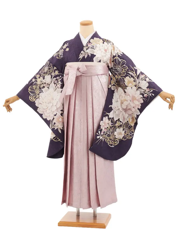 卒業式袴レンタルT537 パープル芍薬 × ピンク ラメ
