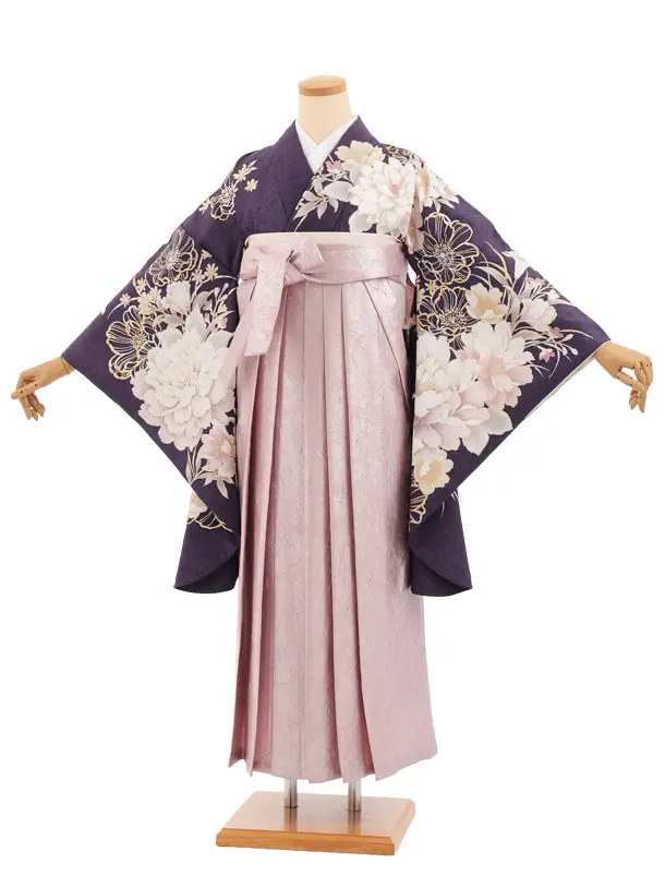 卒業式袴レンタルT537 パープル芍薬 × ピンク ラメ