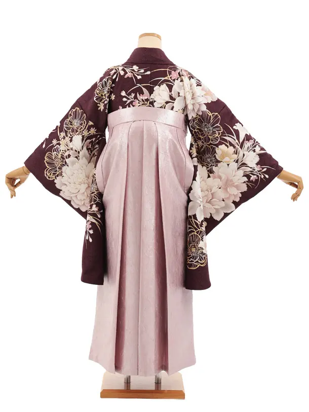 卒業式袴レンタルT538 ダークパープル芍薬 × ピンク ラメ