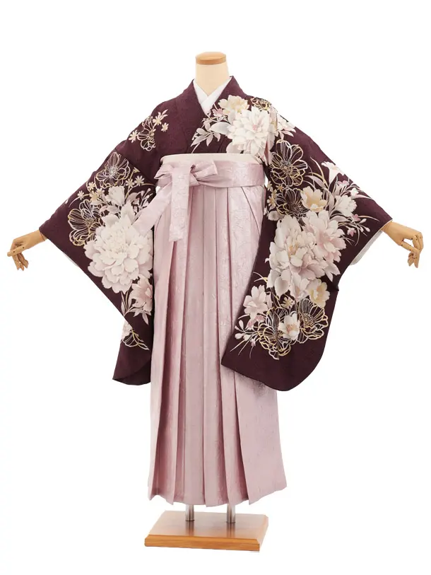 卒業式袴レンタルT539 ダークパープル芍薬 × ピンク ラメ