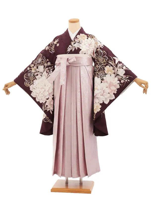 卒業式袴レンタルT539 ダークパープル芍薬 × ピンク ラメ