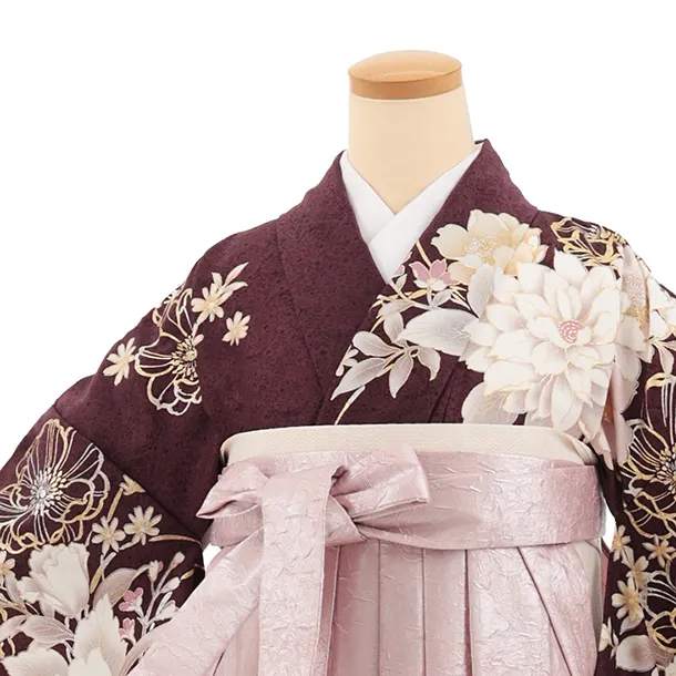 卒業式袴レンタルT539 ダークパープル芍薬 × ピンク ラメ