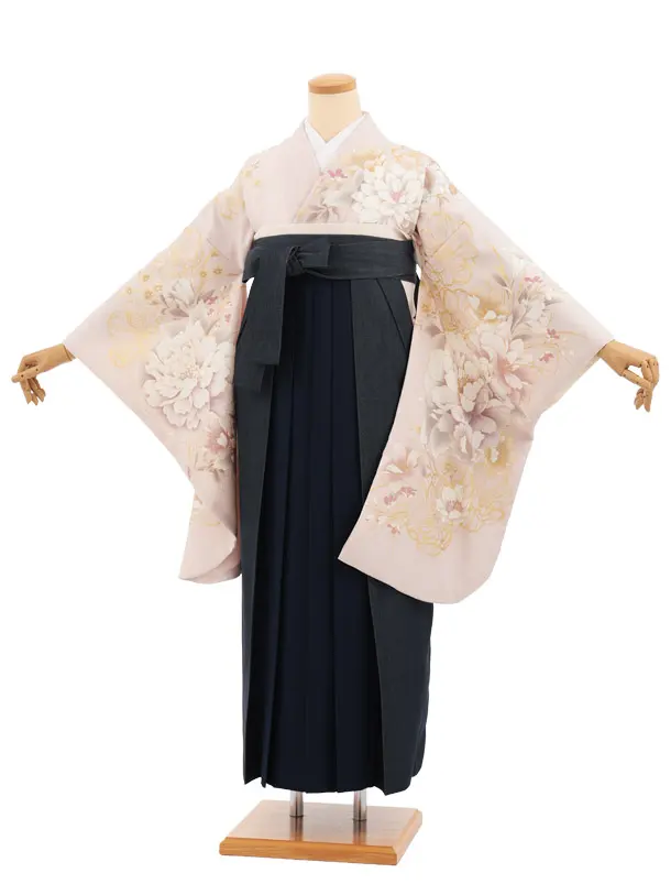 卒業式袴レンタルT540 淡ピンクベージュ芍薬 × デニム