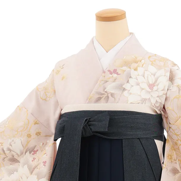 卒業式袴レンタルT540 淡ピンクベージュ芍薬 × デニム