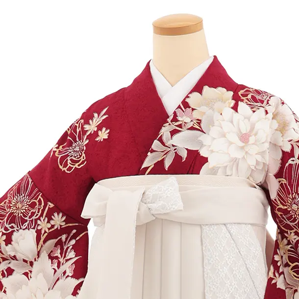 卒業式袴レンタルT542 ボルドー芍薬 × アイボリーレース