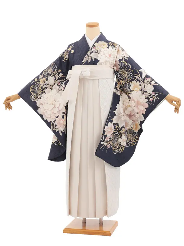 卒業式袴レンタルT543 パープルグレー芍薬 × アイボリーレース