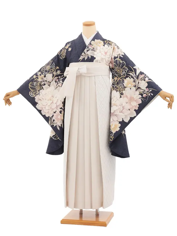 卒業式袴レンタルT543 パープルグレー芍薬 × アイボリーレース