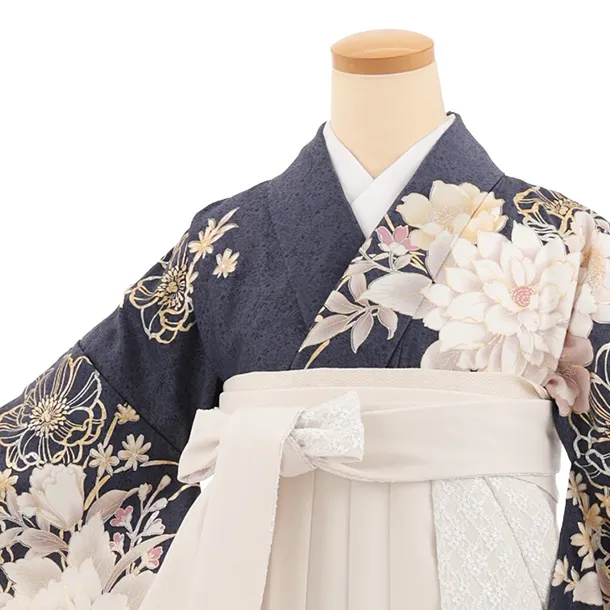 卒業式袴レンタルT543 パープルグレー芍薬 × アイボリーレース
