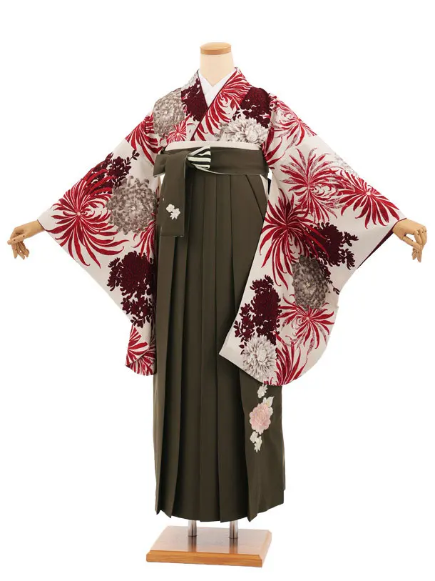 卒業式袴レンタルT544 ベージュ花 × モスグリーン