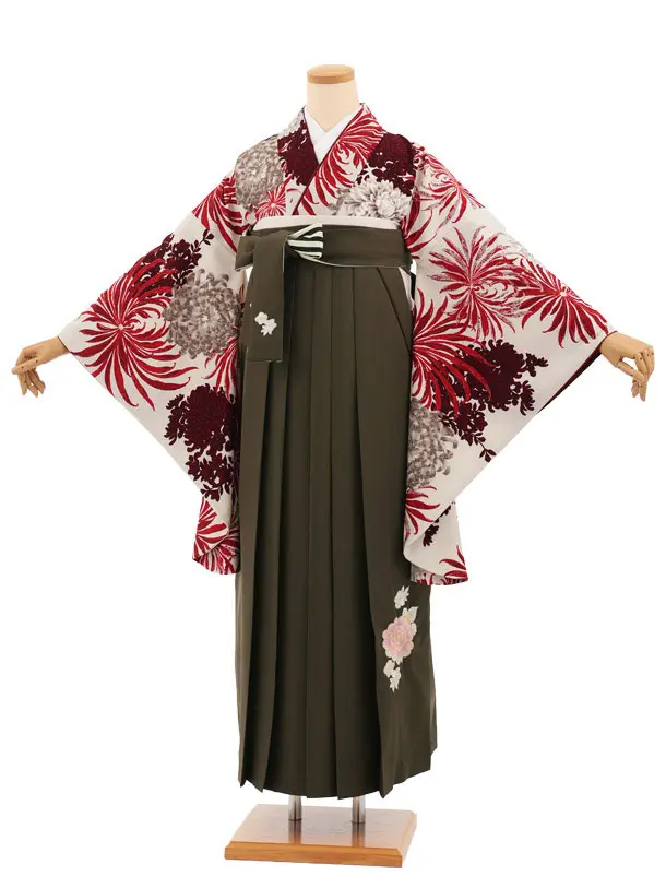 卒業式袴レンタルT544 ベージュ花 × モスグリーン
