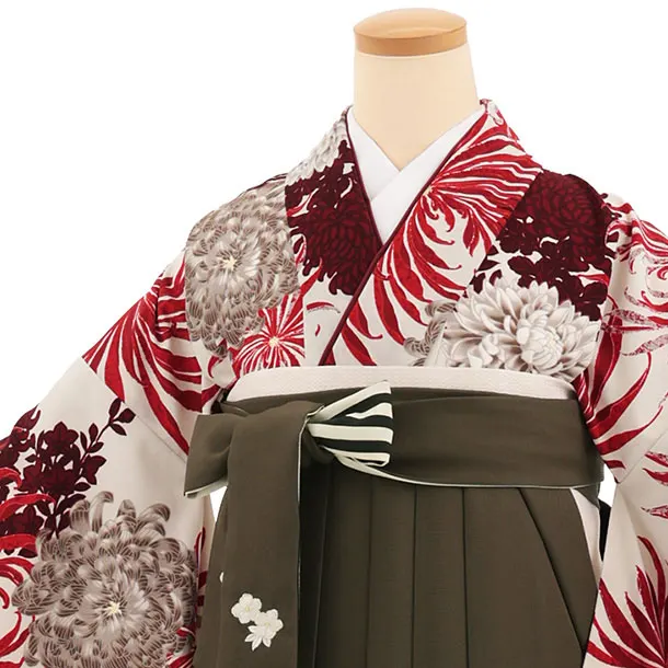 卒業式袴レンタルT544 ベージュ花 × モスグリーン