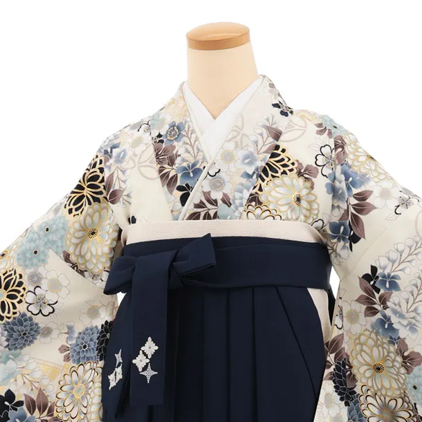 卒業式袴レンタルT545 ATELIE L クリーム 繚乱の花×ネイビー