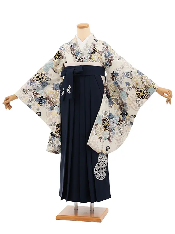 卒業式袴レンタルT546 ATELIE L クリーム 繚乱の花×ネイビー