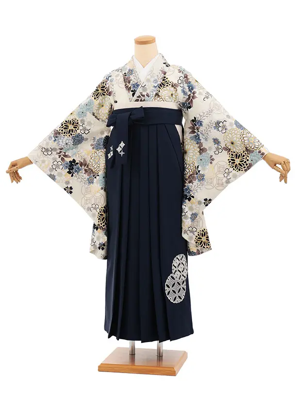 卒業式袴レンタルT546 ATELIE L クリーム 繚乱の花×ネイビー