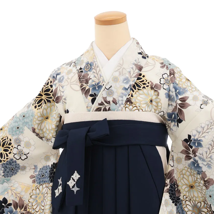 卒業式袴レンタルT546 ATELIE L クリーム 繚乱の花×ネイビー