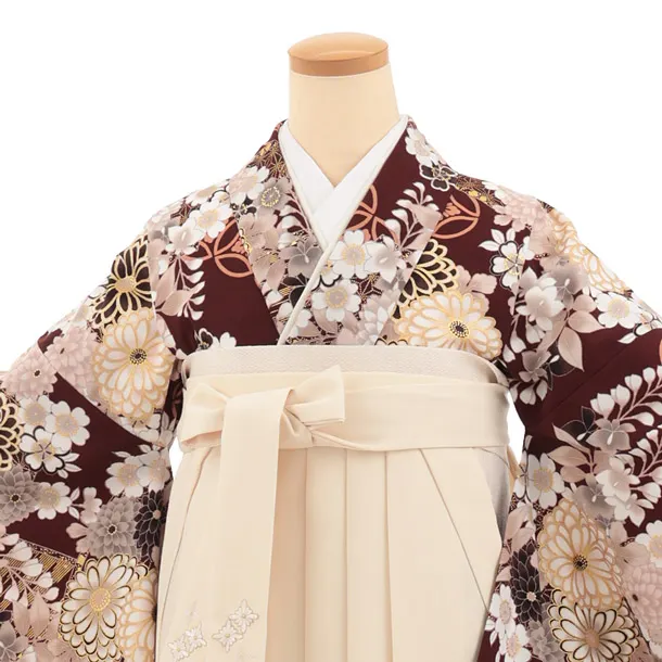卒業式袴レンタルT547 ATELIE L マホガニー 繚乱の花×クリーム