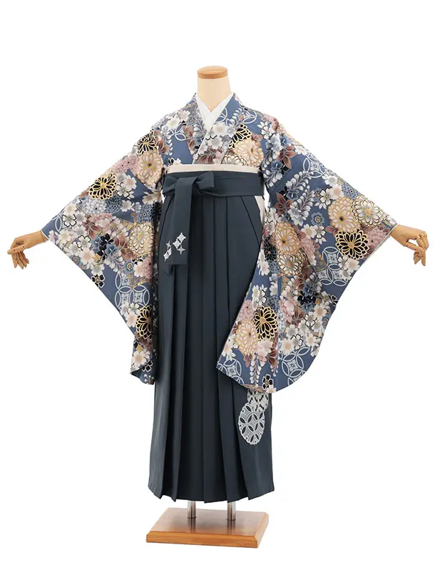 卒業式袴レンタルT549 ATELIE L フォグブルー 繚乱の花×グレー