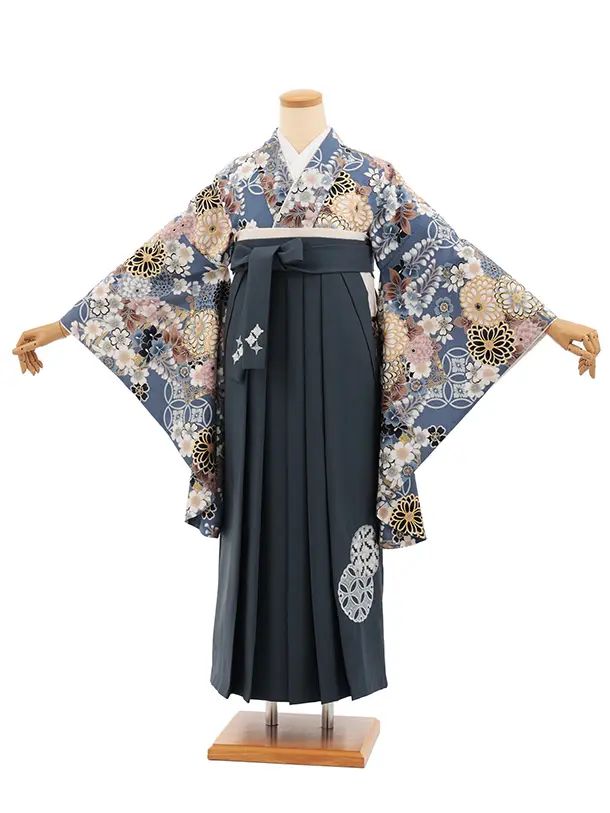 卒業式袴レンタルT549 ATELIE L フォグブルー 繚乱の花×グレー