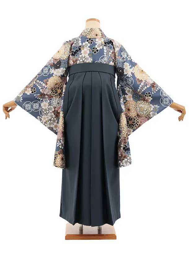 卒業式袴レンタルT549 ATELIE L フォグブルー 繚乱の花×グレー