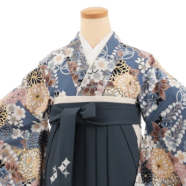 卒業式袴レンタルT549 ATELIE L フォグブルー 繚乱の花×グレー