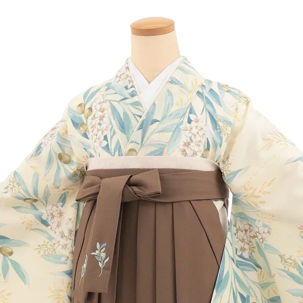 卒業式袴レンタルT560 SUGARKEI クリーム色 オリーブの花×ブラウン
