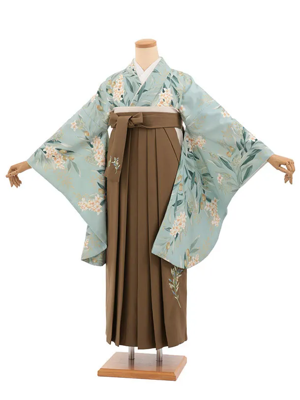 卒業式袴T562 SUGARKEI アイスグリーン オリーブの花×ブラウン