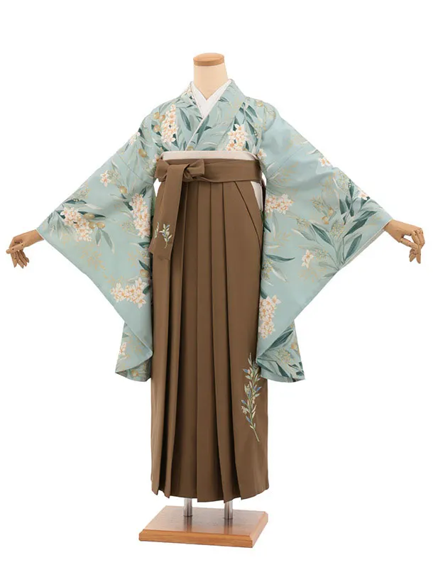 卒業式袴T562 SUGARKEI アイスグリーン オリーブの花×ブラウン