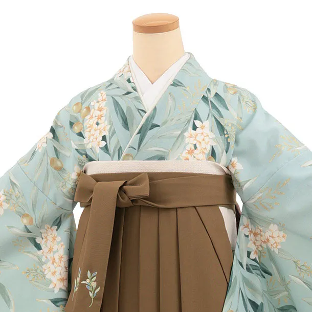 卒業式袴T562 SUGARKEI アイスグリーン オリーブの花×ブラウン