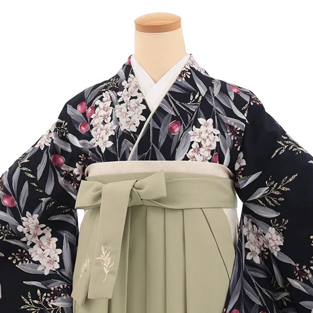 卒業式袴レンタルT563 SUGARKEI ネイビー オリーブの花×モカベージュ